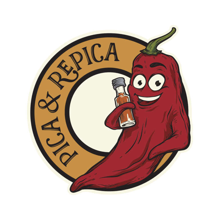 Logo de Pica & Repica présentant un piment heureux tenant une bouteille de sauce piquante