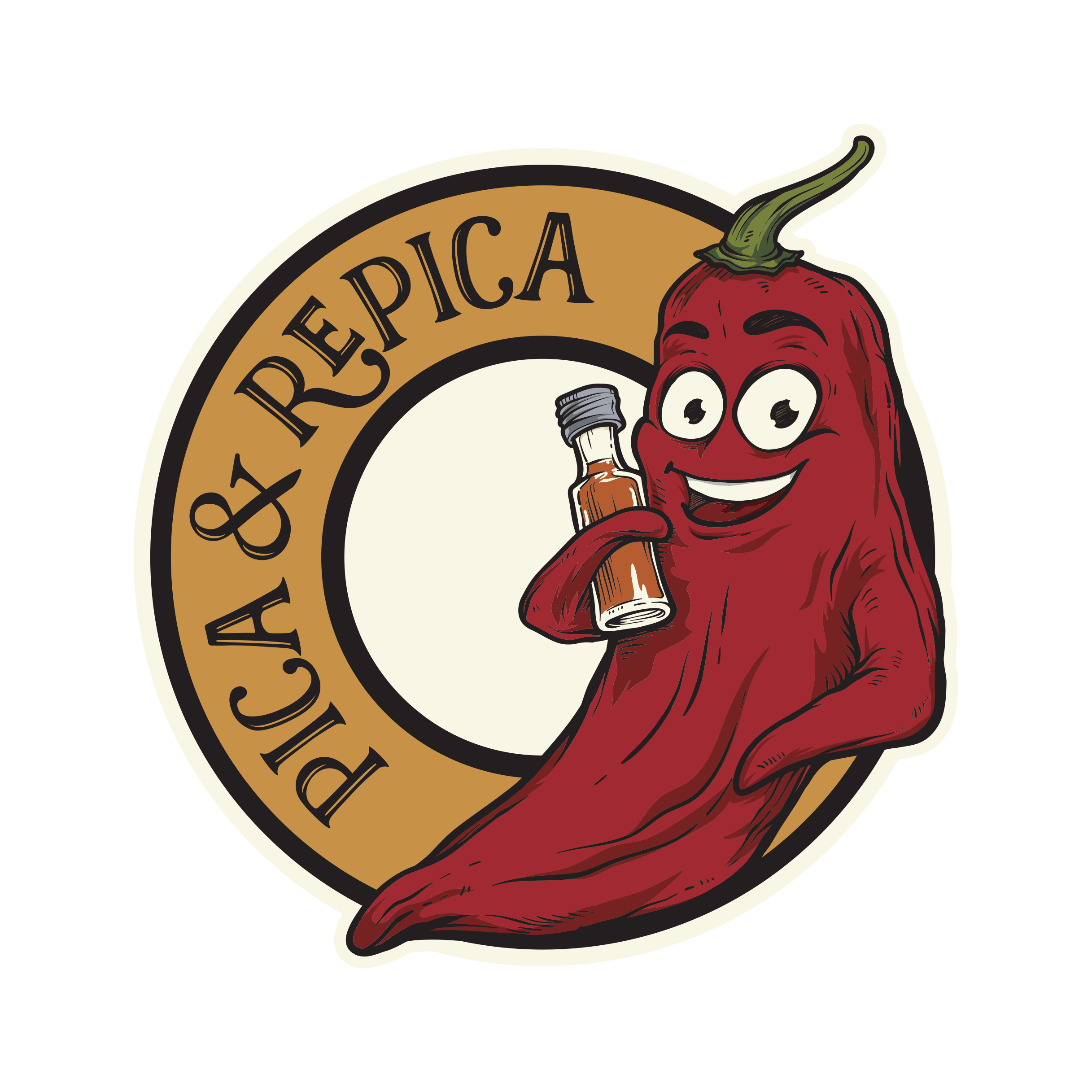 Logo de Pica & Repica présentant un piment heureux tenant une bouteille de sauce piquante